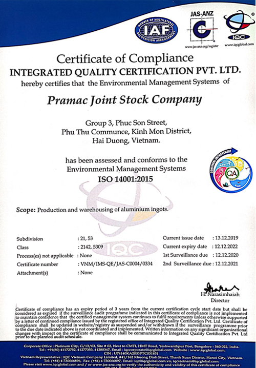 giấy chứng nhận 14001:2015 - công ty cổ phần pramac