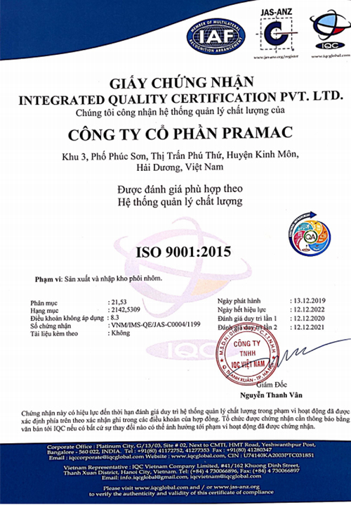 Pramac được chứng nhânh 9001:2015 - công ty cổ phần Pramac